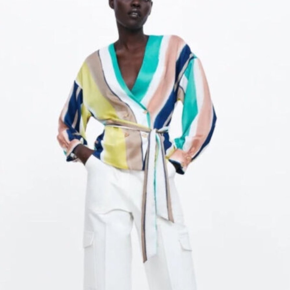 ZARA Multi-Color Stripe Double-Breasted Long Sleeve Belted Wrap Shirt